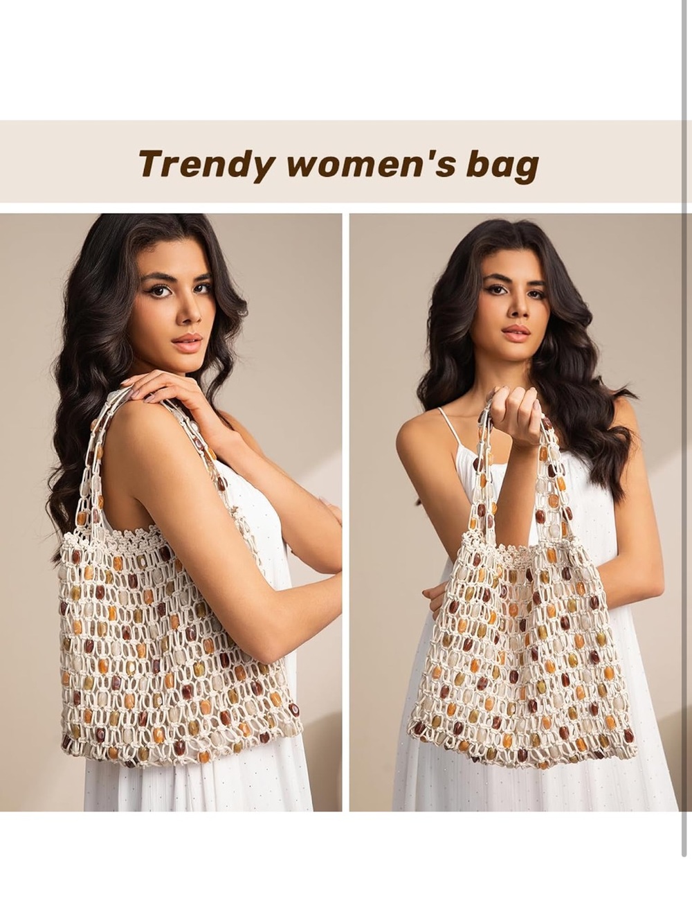 VIRAL Beaded Macrame woven Tote - Cream with Amber & Brown Beads - Picture 4 of 5